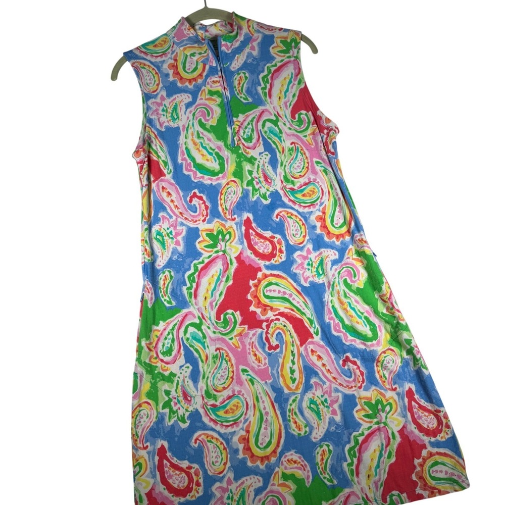 Gottex Life Style Paisley Sleeveless Quarter Zip Mock Neck Dress Blue Pink M
